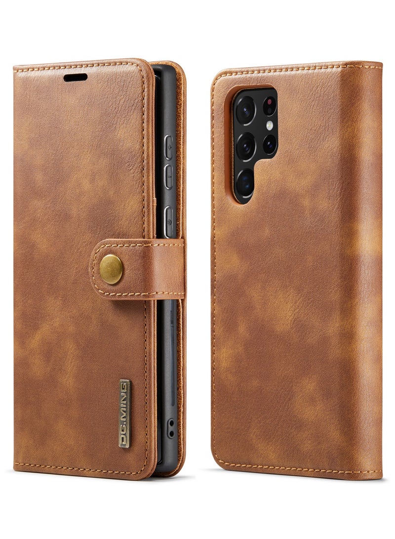 DGMING CaseMe Samsung Galaxy S22 Ultra 5G DG.MING Crazy Horse Texture Detachable Magnetic Leather Case - Brown - Image 1