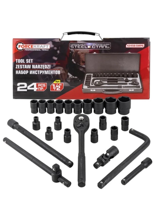 FORCEKRAFT 24-Piece Socket Set 1/2" Drive, 6-Point (8–32mm) with Ratchet, Extensions & Handle Bars - Image 1