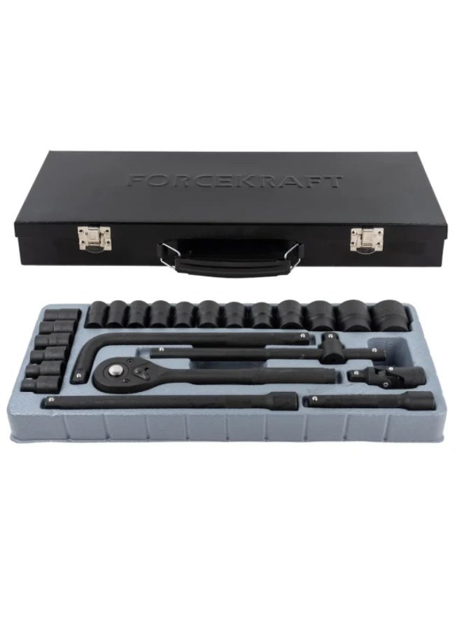 FORCEKRAFT 24-Piece Socket Set 1/2" Drive, 6-Point (8–32mm) with Ratchet, Extensions & Handle Bars - Image 3