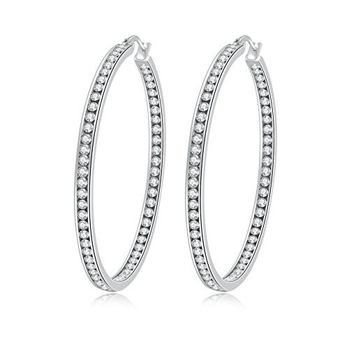 CiNily Ladies Earring Hoops-Stainless Steel Hoop Earrings for Women White Cubic Zirconia Large Big Hoop Earrings hypoallergenic for sensitive ears - Image 1