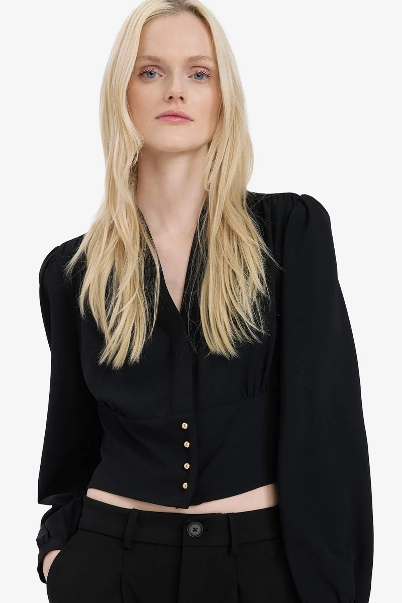 DeFacto Slim Fit V-Neck Long Sleeve Blouse