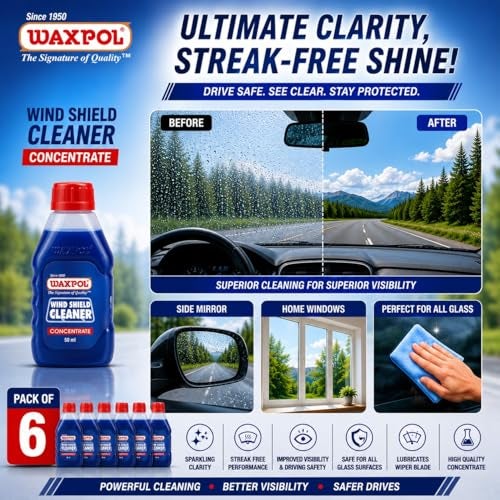 Waxpol Car Windshield Washer Fluid Concentrate Streak-Free Wiper Liquid with Anti-Fog, Bug Remover & Headlight Cleaner | Multi-Surface Use 300 ml (50 ml Pack of 6, 1:200) - Image 2