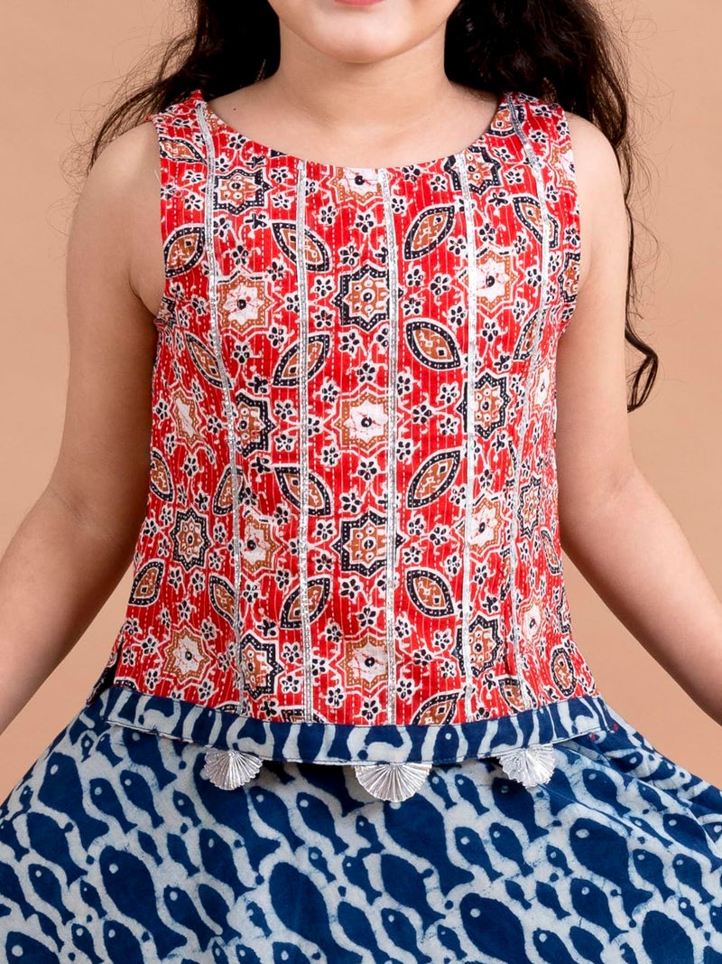Pspeaches Girl's Blue Red Printed Cotton Readymade Lehenga Set (Blue-5-6Y) - Image 2