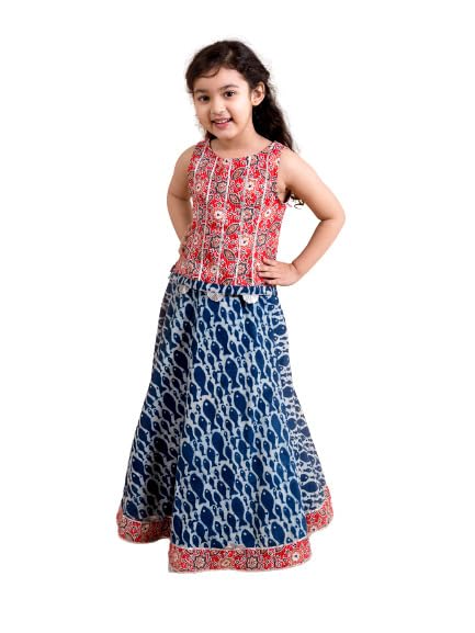 Pspeaches Girl's Blue Red Printed Cotton Readymade Lehenga Set (Blue-5-6Y) - Image 1