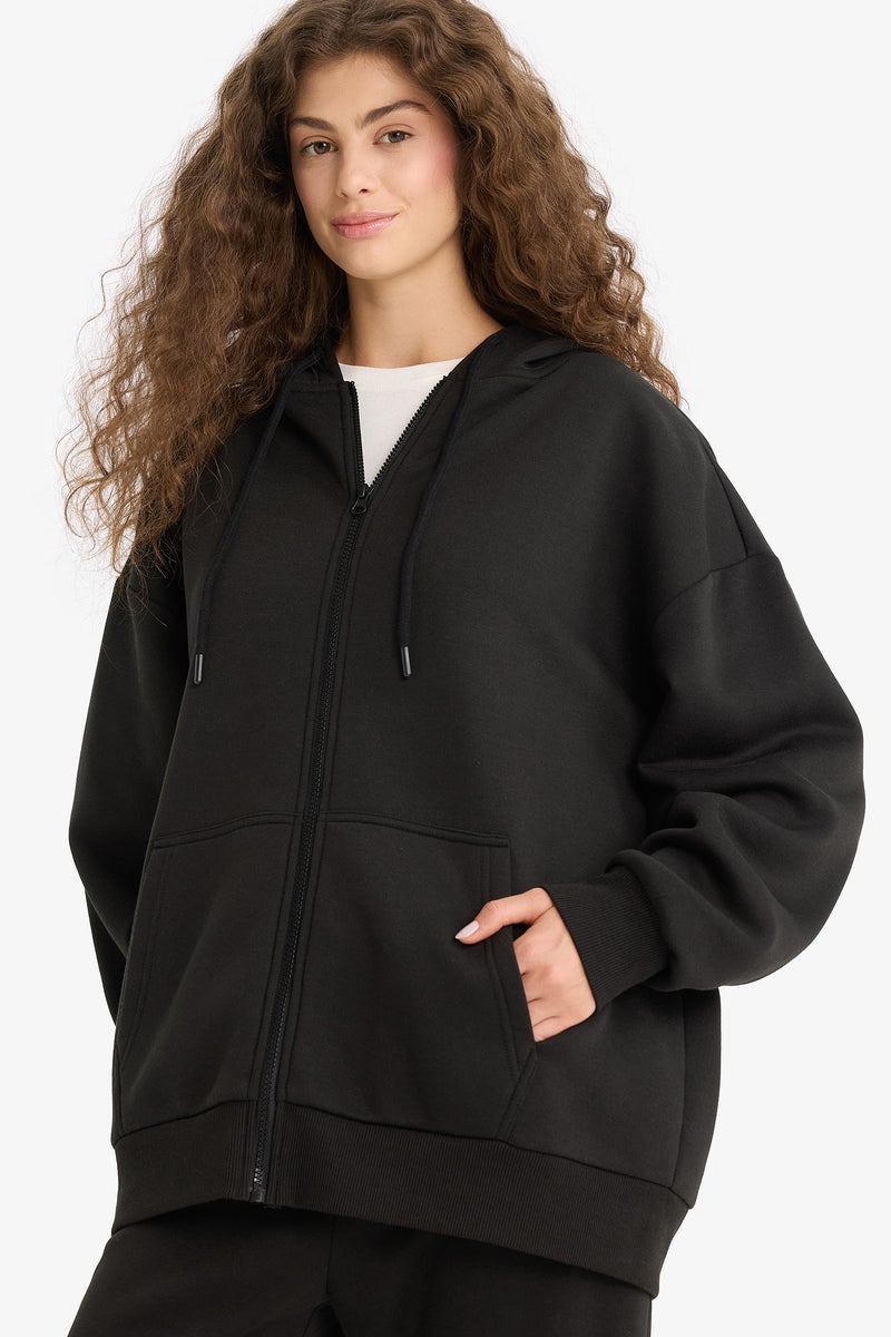 DeFacto Black Woman Oversize Fit Hooded Thick Sweatshirt Fabric Cardigan Casual - Image 1