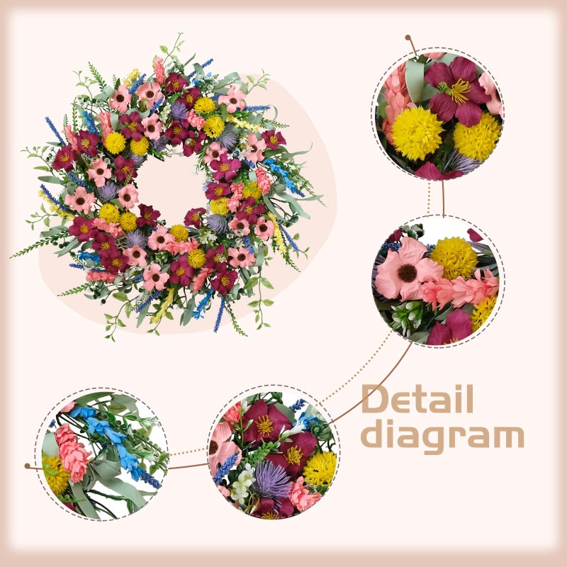 idyllic 22 Inches Artificial Floral Wreath for Front Door Colorful Daisy and Green Leaves Wreath for Spring/Summer Indoor Outdoor Farmhouse Decor - Image 2