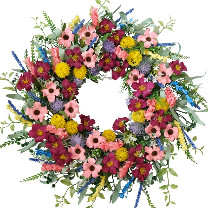 idyllic 22 Inches Artificial Floral Wreath for Front Door Colorful Daisy and Green Leaves Wreath for Spring/Summer Indoor Outdoor Farmhouse Decor - Image 1