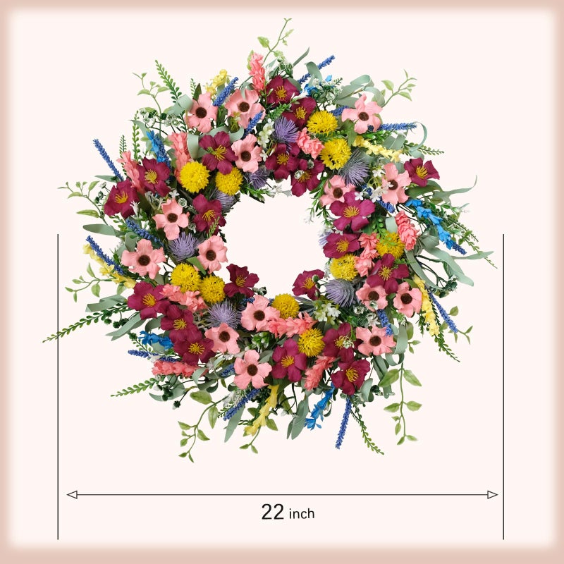 idyllic 22 Inches Artificial Floral Wreath for Front Door Colorful Daisy and Green Leaves Wreath for Spring/Summer Indoor Outdoor Farmhouse Decor - Image 3