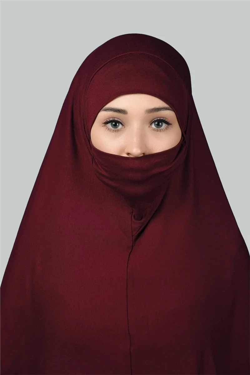 Altobeh Ready-made Turban Practical Scarf with Veil Hijab with Nikap - Prayer Cover Soufflé (3Xl) - Claret Red