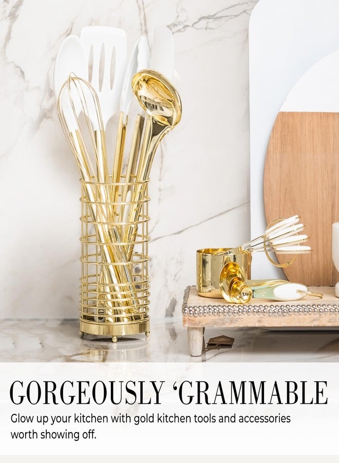 ستايلد سيتينجز طقم أدوات طهي من السيليكون الأبيض والذهبي مع حامل أدوات ذهبي - 7 قطع من أدوات الطهي المصنوعة من السيليكون - مثالي لأواني الطهي غير اللاصقة والمطابخ العصرية الأنيقة - إكسسوارات مطبخ فاخرة - Image 2