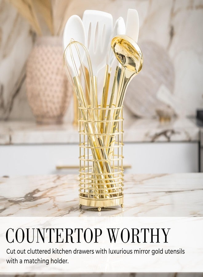 ستايلد سيتينجز طقم أدوات طهي من السيليكون الأبيض والذهبي مع حامل أدوات ذهبي - 7 قطع من أدوات الطهي المصنوعة من السيليكون - مثالي لأواني الطهي غير اللاصقة والمطابخ العصرية الأنيقة - إكسسوارات مطبخ فاخرة - Image 4