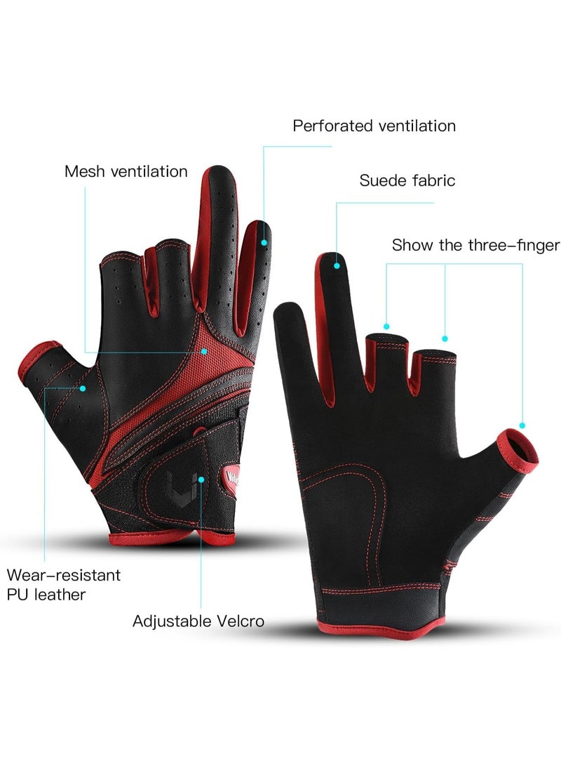 Arabest Fishing Gloves, Anti-Slip Suede Fabric Kayak Gloves for Men and Women, Outdoor Sports Glove for Kayak, Boating, Angling, Paddle, UV Protection, 3-Cut Finger Design (Black and Red) - Image 5