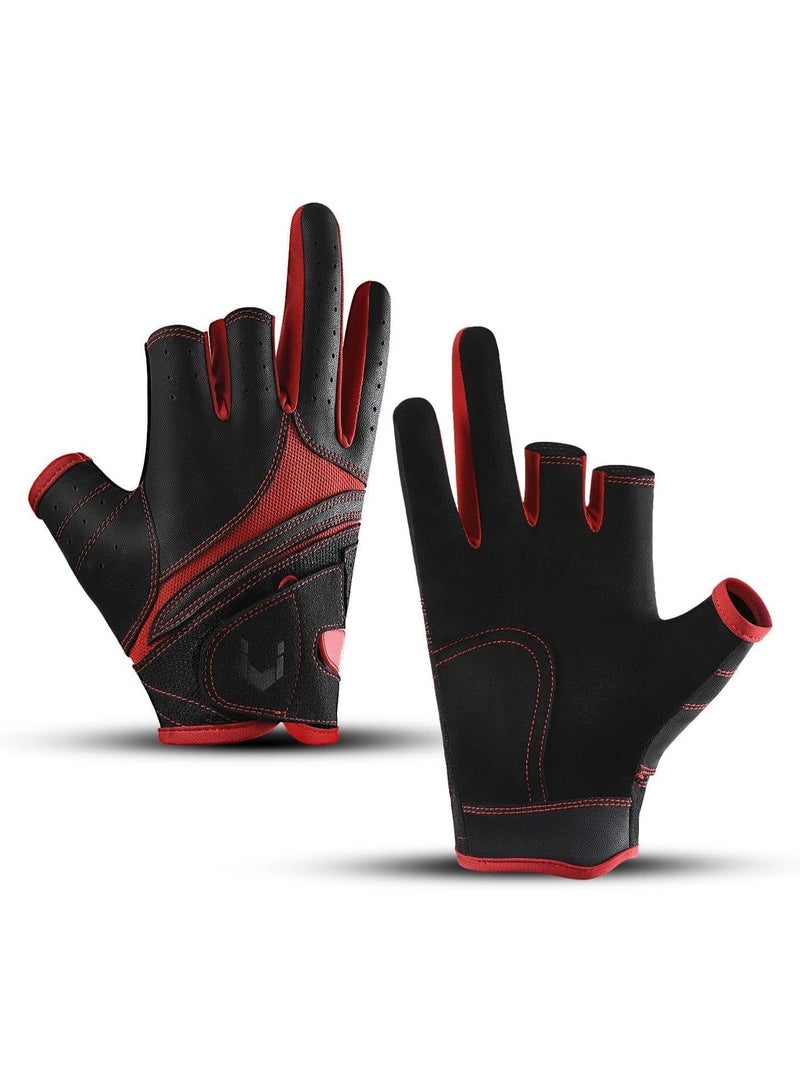 Arabest Fishing Gloves, Anti-Slip Suede Fabric Kayak Gloves for Men and Women, Outdoor Sports Glove for Kayak, Boating, Angling, Paddle, UV Protection, 3-Cut Finger Design (Black and Red) - Image 1