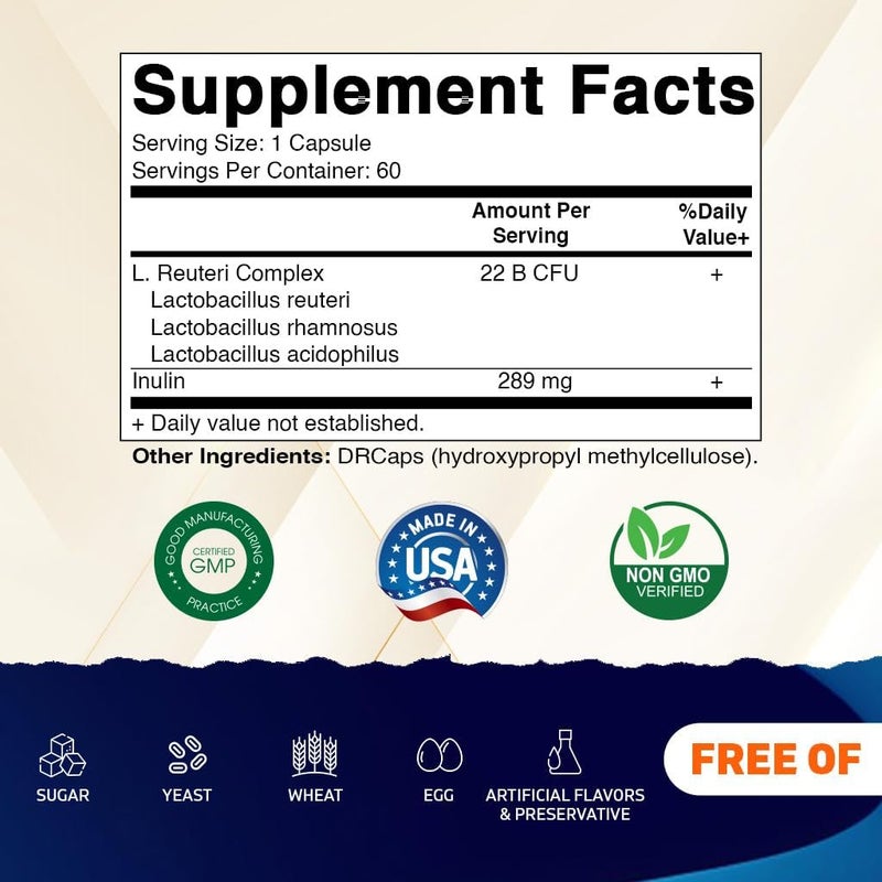 Vitamatic فيتاميناتيك لاكتوباسيلوس ريوتيري كومبلكس 22 مليار وحدة تشكيل مستعمرة لكل كبسولة إطلاق مؤجل 60 كبسولة دعم صحة الجهاز الهضمي مع ألياف الإينولين البريبايوتيك - Image 2