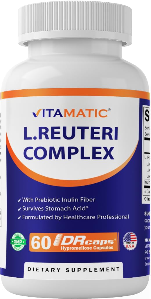 Vitamatic فيتاميناتيك لاكتوباسيلوس ريوتيري كومبلكس 22 مليار وحدة تشكيل مستعمرة لكل كبسولة إطلاق مؤجل 60 كبسولة دعم صحة الجهاز الهضمي مع ألياف الإينولين البريبايوتيك - Image 1