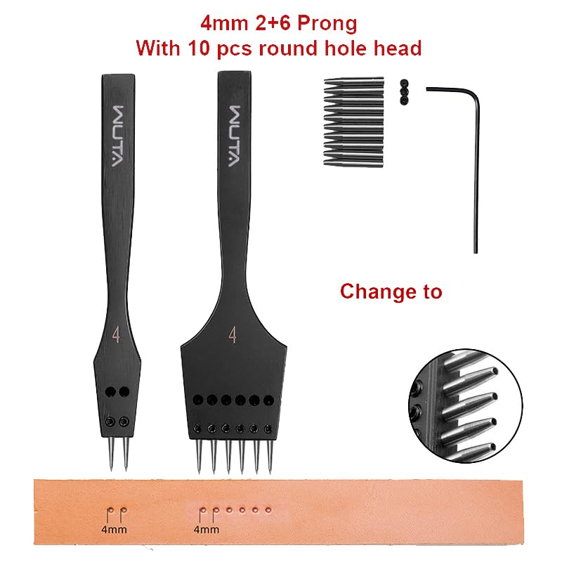 WUTA Removable Circle Leather Hole Punch Sharp Head Replaceable Pricking Iron Chisel DIY Tools Professional Leather Working Tool 2nd Gen 4mm-(2+6) - Image 2