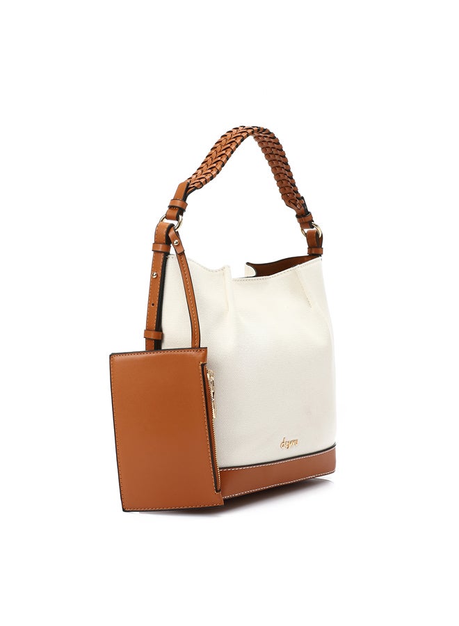 DejaVu Braided Handle Plain Handbag - Off White & Camel  - Image 2