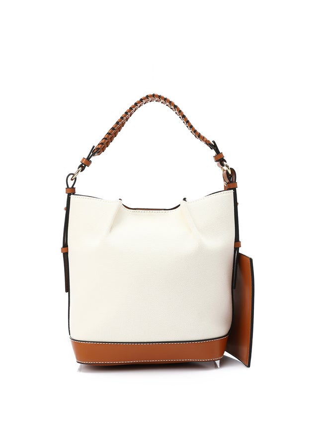 DejaVu Braided Handle Plain Handbag - Off White & Camel  - Image 4