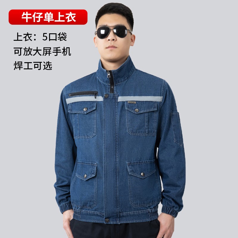 Spring and Autumn Thickened Tooling Jacket Welder Optional Front and Rear Reflective Strip Cotton Fabric Labor Protection Work Clothes Jacket Jacket Denim top