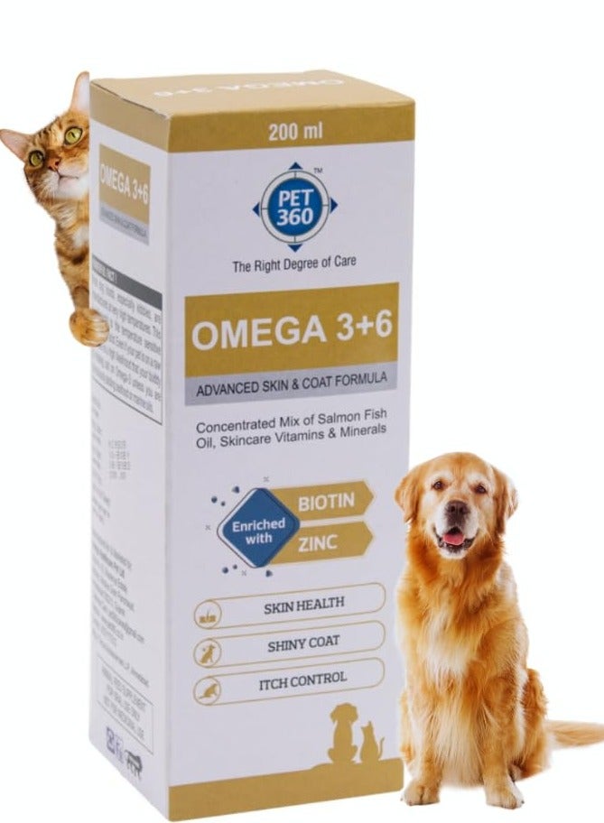 PET360 Omega 3 6 Concentrated Salmon Fish Oil with Vitamins  Minerals and Taurine Advanced Skin and Coat Formula for Dogs and Cats  200 ml  Pack of 1 - Image 1