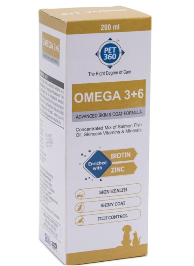 PET PET360 Omega 3 6 Concentrated Salmon Fish Oil with Vitamins  Minerals and Taurine Advanced Skin and Coat Formula for Dogs and Cats  200 ml  Pack of 1  - Image 1