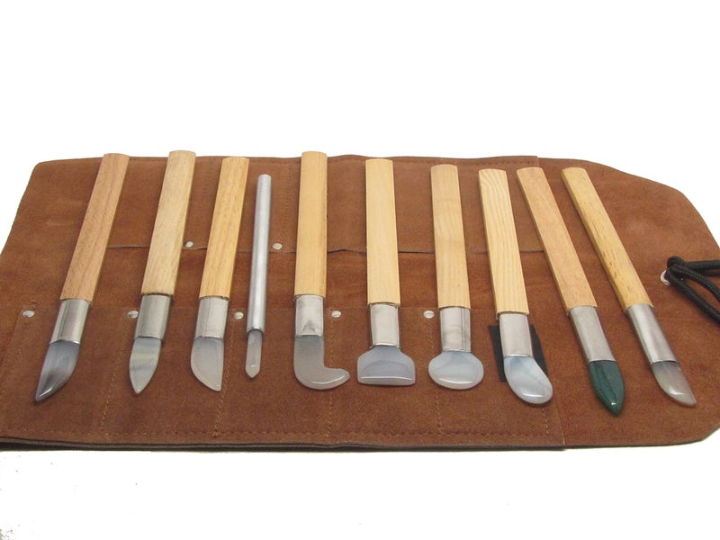 UJ Ramelson Agate Bezel Burnisher for Stone Setting Jewelry Making Metal Clay Burnishing and Polishing Gold and Silver Leaf Bookbinding Tools Set of 10 Includes Leather Tool Roll
