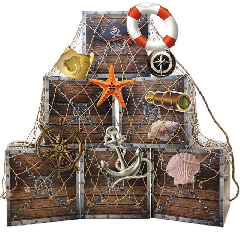 Deztibos 18Pcs Pirate Party Decorations Imitation Wooden Box Fishing Net Car Trunk or Treat Decor Ocean or Pirate Party Favors Adventure Birthday Photo Booth Props for Adult use only(Wood) - Image 1