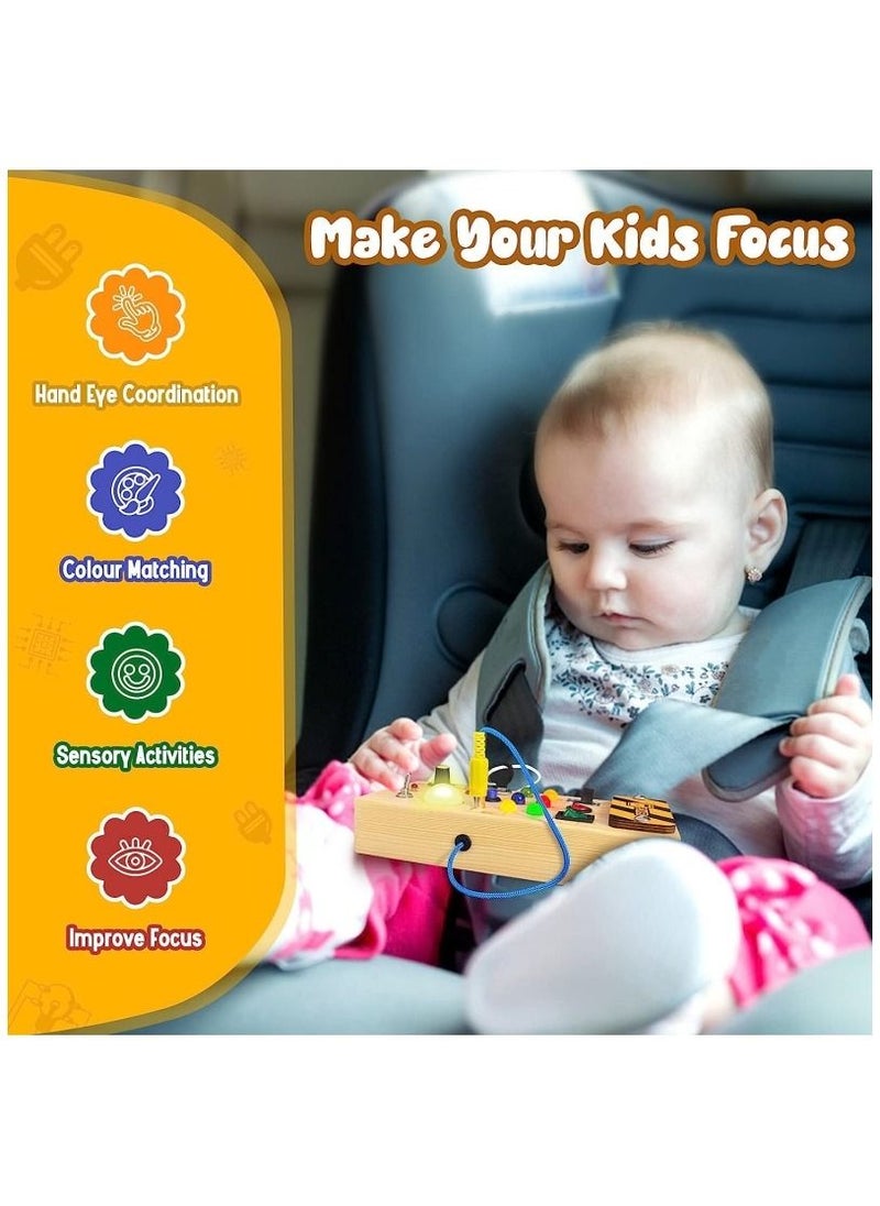 M MIAOYAN - Montessori Toddler Busy Board Baby Wooden Busy Board with 8 LED Light Switches Sensory Toys Light Switch Toys Travel Toys for 1+ Year Old Baby and Toddler - Image 1