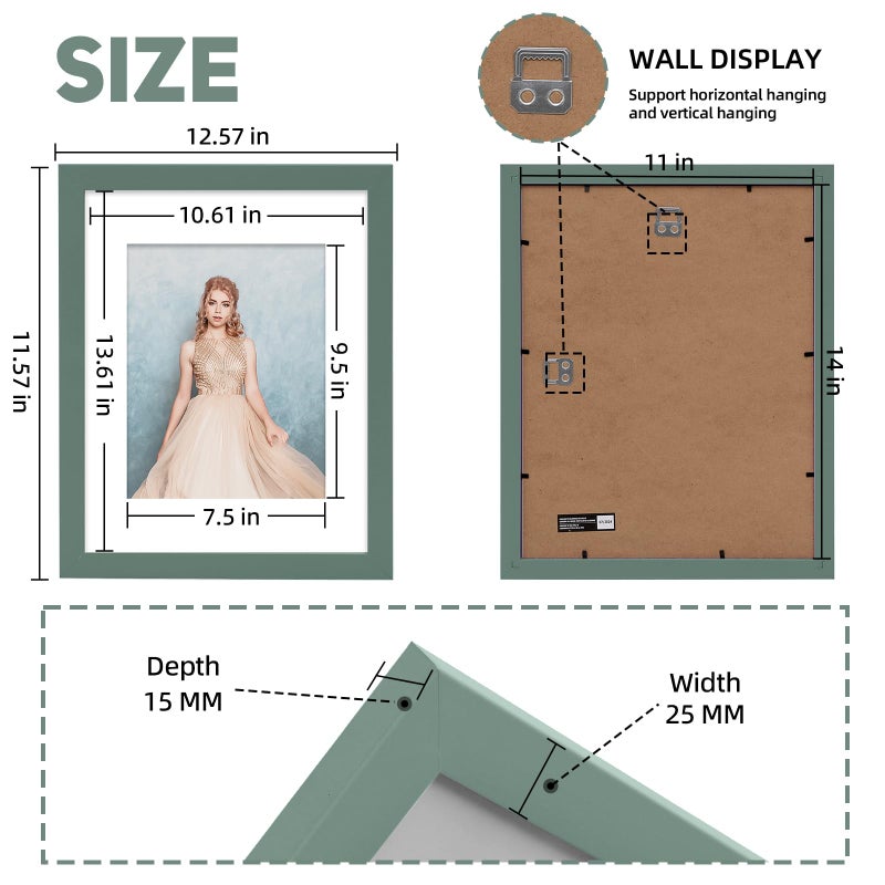 Muzilife 11x14 Wood Picture Frame with Real Glass Cover, Green Photo Frame Display Pictures 8x10 with Mat or 11x14 Without Mat, Vertical & Horizontal on Wall, 2pcs - Image 3