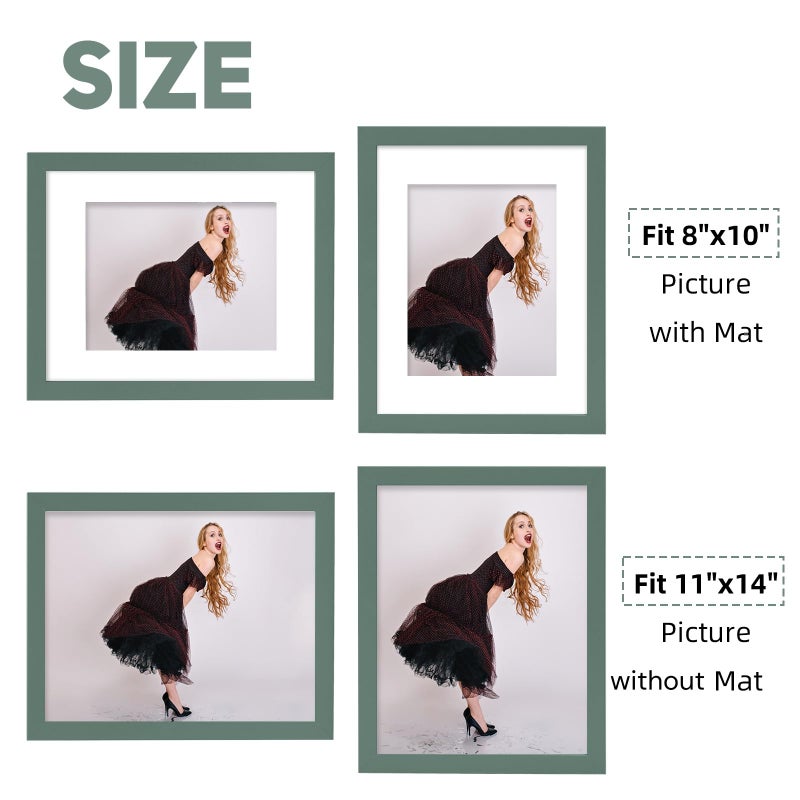 Muzilife 11x14 Wood Picture Frame with Real Glass Cover, Green Photo Frame Display Pictures 8x10 with Mat or 11x14 Without Mat, Vertical & Horizontal on Wall, 2pcs - Image 4