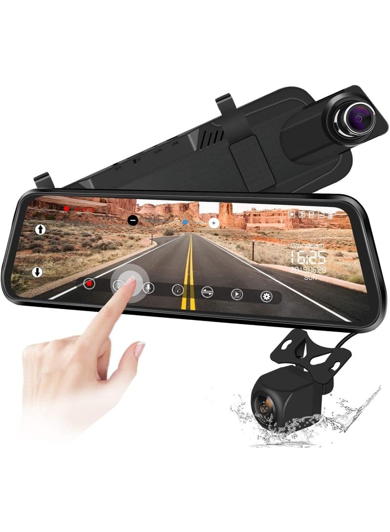كاميرا مرآة الرؤية الخلفية: كاميرا لوحة القيادة 2K مرآة أمامية وخلفية مع شاشة تعمل باللمس بالكامل مقاس 9.66 بوصة، وكاميرا احتياطية مقاومة للماء، ومساعدة وقوف السيارات، وتسجيل عالي الدقة 1080 بكسل للقيادة الآمنة - Image 1