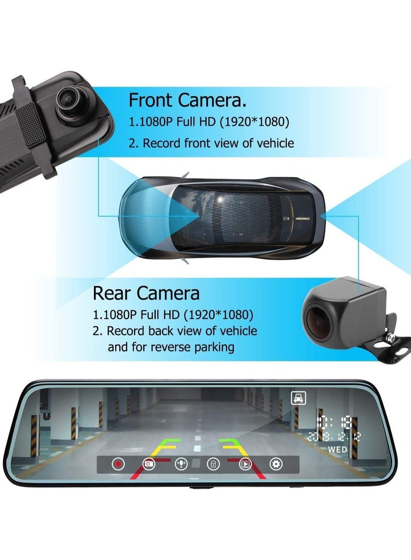 كاميرا مرآة الرؤية الخلفية: كاميرا لوحة القيادة 2K مرآة أمامية وخلفية مع شاشة تعمل باللمس بالكامل مقاس 9.66 بوصة، وكاميرا احتياطية مقاومة للماء، ومساعدة وقوف السيارات، وتسجيل عالي الدقة 1080 بكسل للقيادة الآمنة - Image 2