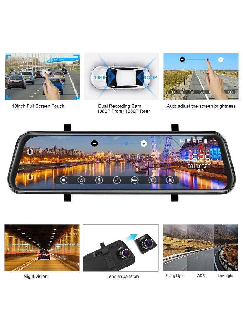 كاميرا مرآة الرؤية الخلفية: كاميرا لوحة القيادة 2K مرآة أمامية وخلفية مع شاشة تعمل باللمس بالكامل مقاس 9.66 بوصة، وكاميرا احتياطية مقاومة للماء، ومساعدة وقوف السيارات، وتسجيل عالي الدقة 1080 بكسل للقيادة الآمنة - Image 3