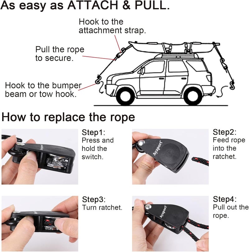 Ayaport Kayak Rope Tie Down 14ft Ratchet Straps Bow and Stern Ratcheting Tie Downs Rope Hanger Kayak and Canoe Accessories - Image 4