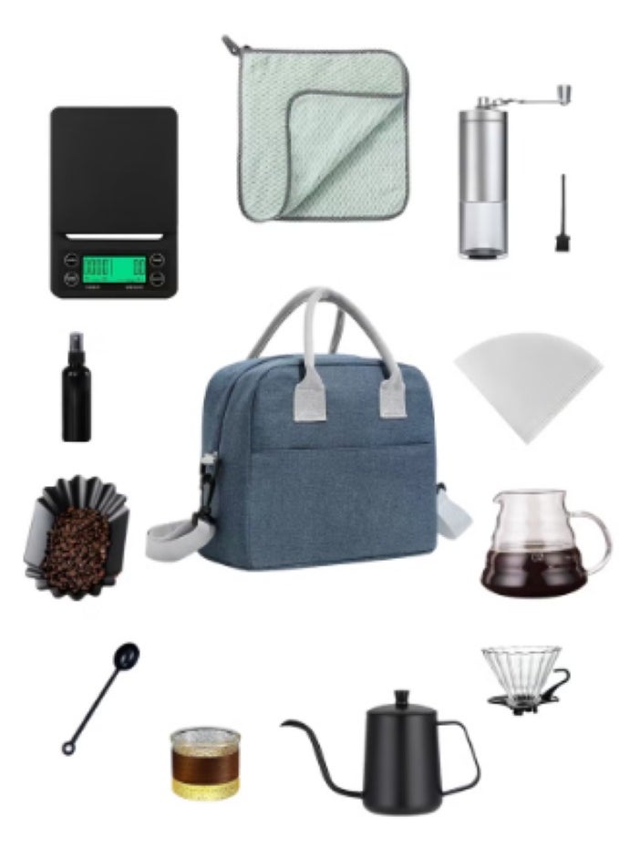 Generic V60 Coffee Maker Set, All-in-One Pour Over Drip Coffee Maker with 600ml Glass Server, Stainless Steel Gooseneck Kettle, Manual Grinder, Scale, Filters, Accessories & Travel Bag (13 Sets)  - Image 1