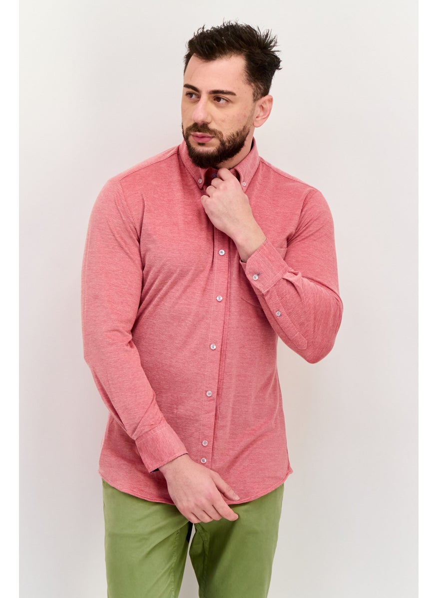 Tailorbyrd Men Regular Fit Embroidered Logo Long Sleeve Casual Shirts, Light Burgundy  - Image 1