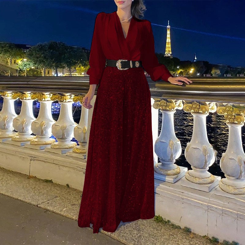 2026 Women's Spring & Fall High-End V-Neck Long-Sleeve Dress with Elegant Waist Sequin and French Wide-Leg Pants
