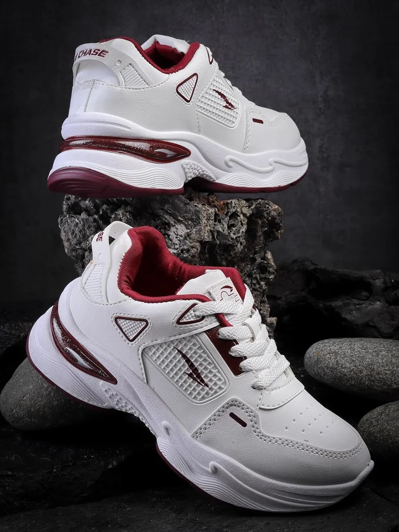 Asian Lightweight Offwhite and Maroon Sneakers for Women and Girls