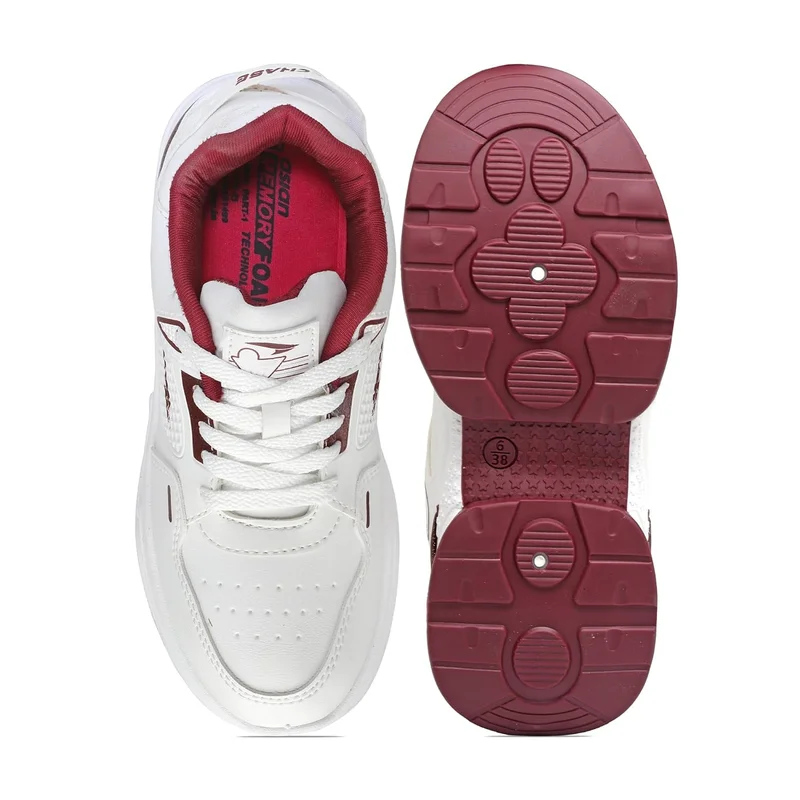 Asian Lightweight Offwhite and Maroon Sneakers for Women and Girls
