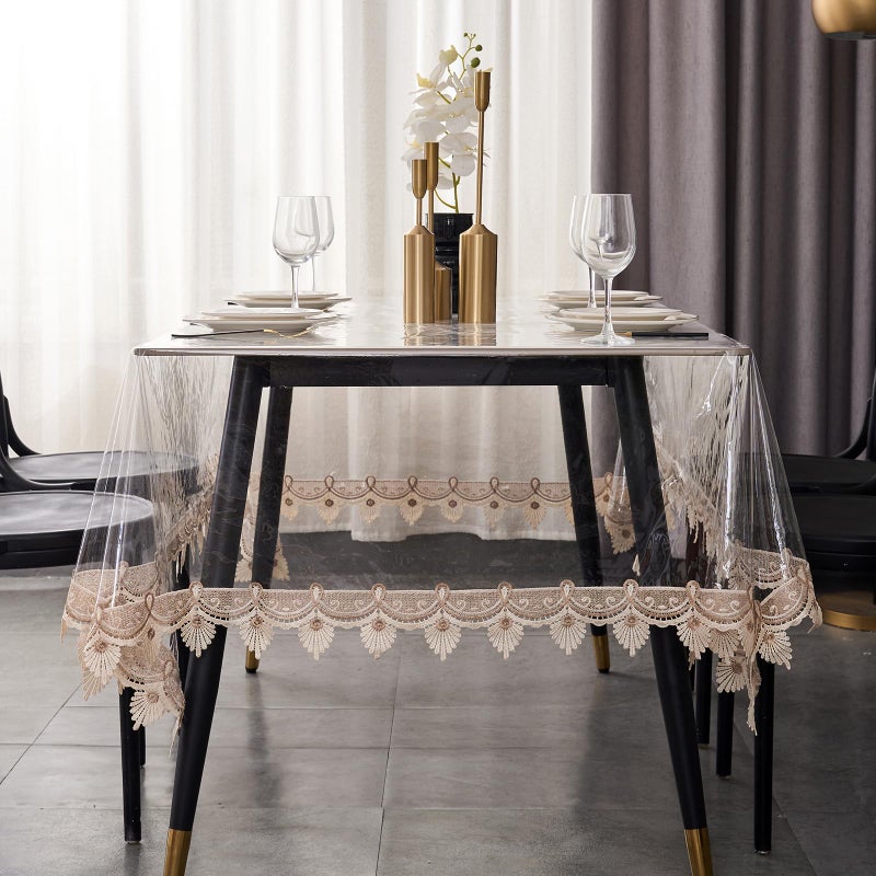 LIBERECOO Clear Vinyl Tablecloth with Stitched Loral Lace Trim, 60 x 120 Waterproof Oilproof Plastic Table Cover with Embroidered Edge Tablecloths Protector - Image 4