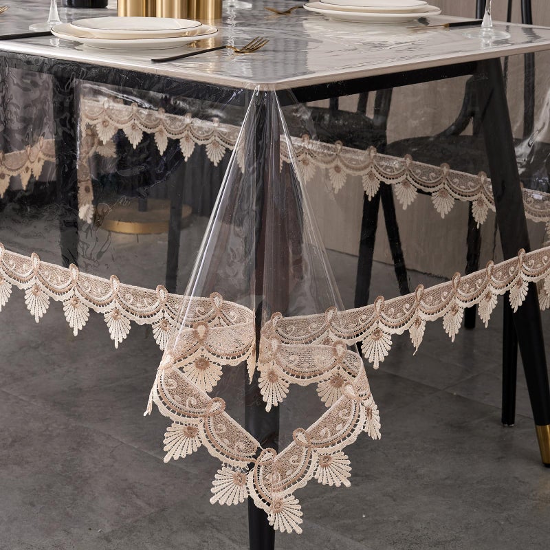 LIBERECOO Clear Vinyl Tablecloth with Stitched Loral Lace Trim, 60 x 120 Waterproof Oilproof Plastic Table Cover with Embroidered Edge Tablecloths Protector - Image 1