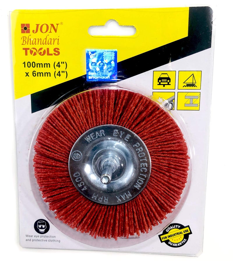 Jon Bhandari Tools Nylon Filament Abrasive Wire Brush (4 Inch/100mm) – Medium Grit, Heavy Duty, Drill Attachment – for Wood, Metal, Plastic – Surface Prep, Deburring, Paint & Coating Removal - Image 3