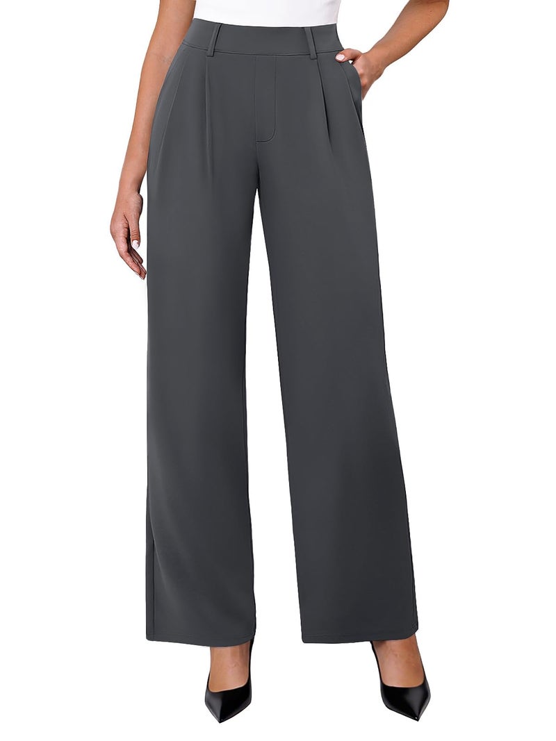 DLOODA Womens Wide Leg Dress Pants Stretchy High Waisted Work Pants Business Casual Office Trousers with Pockets DEEP Grey L - Image 1