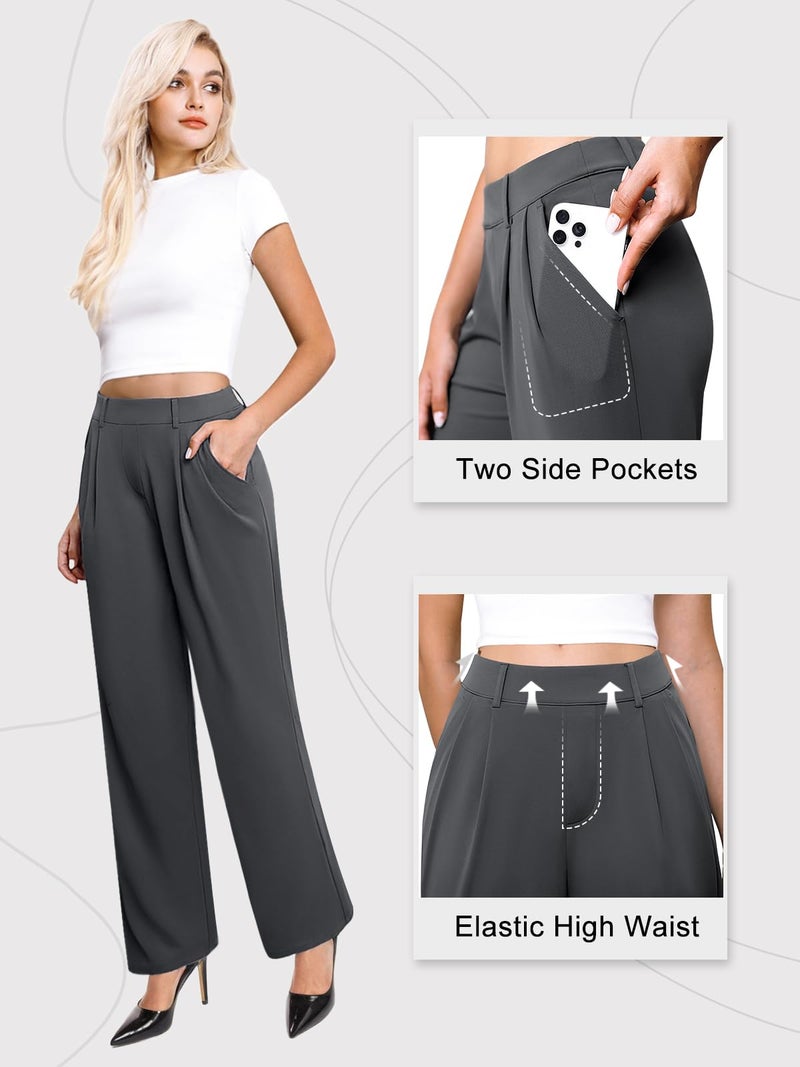 DLOODA Womens Wide Leg Dress Pants Stretchy High Waisted Work Pants Business Casual Office Trousers with Pockets DEEP Grey L - Image 3