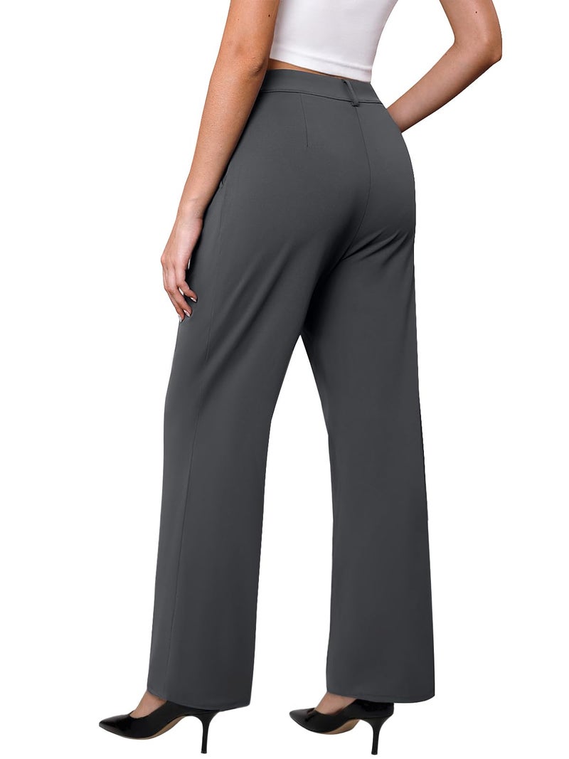 DLOODA Womens Wide Leg Dress Pants Stretchy High Waisted Work Pants Business Casual Office Trousers with Pockets DEEP Grey L - Image 2