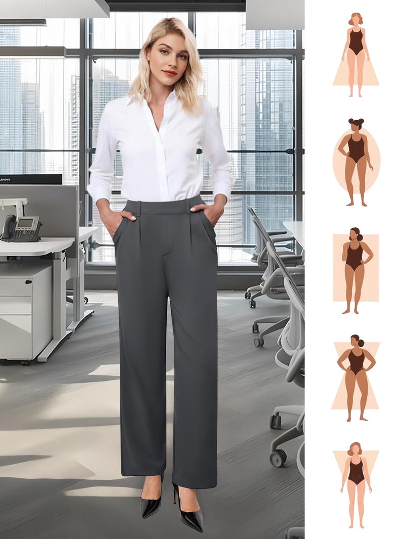 DLOODA Womens Wide Leg Dress Pants Stretchy High Waisted Work Pants Business Casual Office Trousers with Pockets DEEP Grey L - Image 5