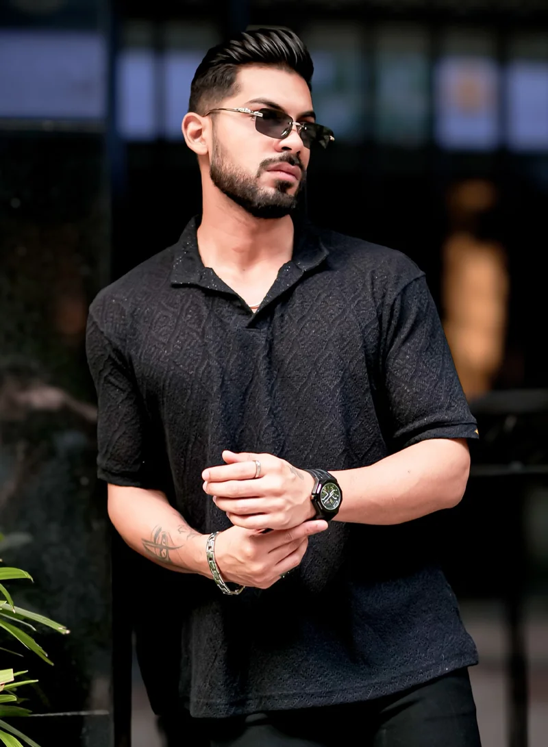 Maniac  Maniac Mens Solid Textured Polo Neck 3/4th Sleeve Black Cotton Oversized Polo T-Shirt for Men | Best Price UAE