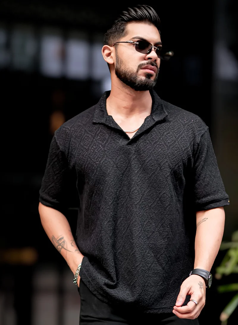 مانياك تيشيرت بولو رجالي مانياك قطن أسود مقاس كبير بياقة بولو وأكمام 3/4