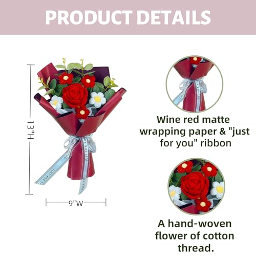 Zbdroxygen Crochet Flower Bouquet, Crochet Flowers, Red Roses Bouquet Gift for Parting, Home Decor, Wedding, Office Decoration - Image 3