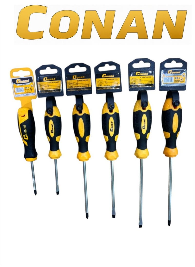 Conan 6-Piece CONAN Professional Screwdriver Set (Flat 6×125mm – Model 10005702 + Phillips PH6×125mm – Model 10005701 + Flat 5×75mm – Model 10005698 + Phillips PH5×75mm – Model 10005697 + Phillips 6×150mm – Model 10005703 + Flat 6×150mm – Model 10005704) – Cr-V Steel – Anti-Slip Comfort Grip - Image 1